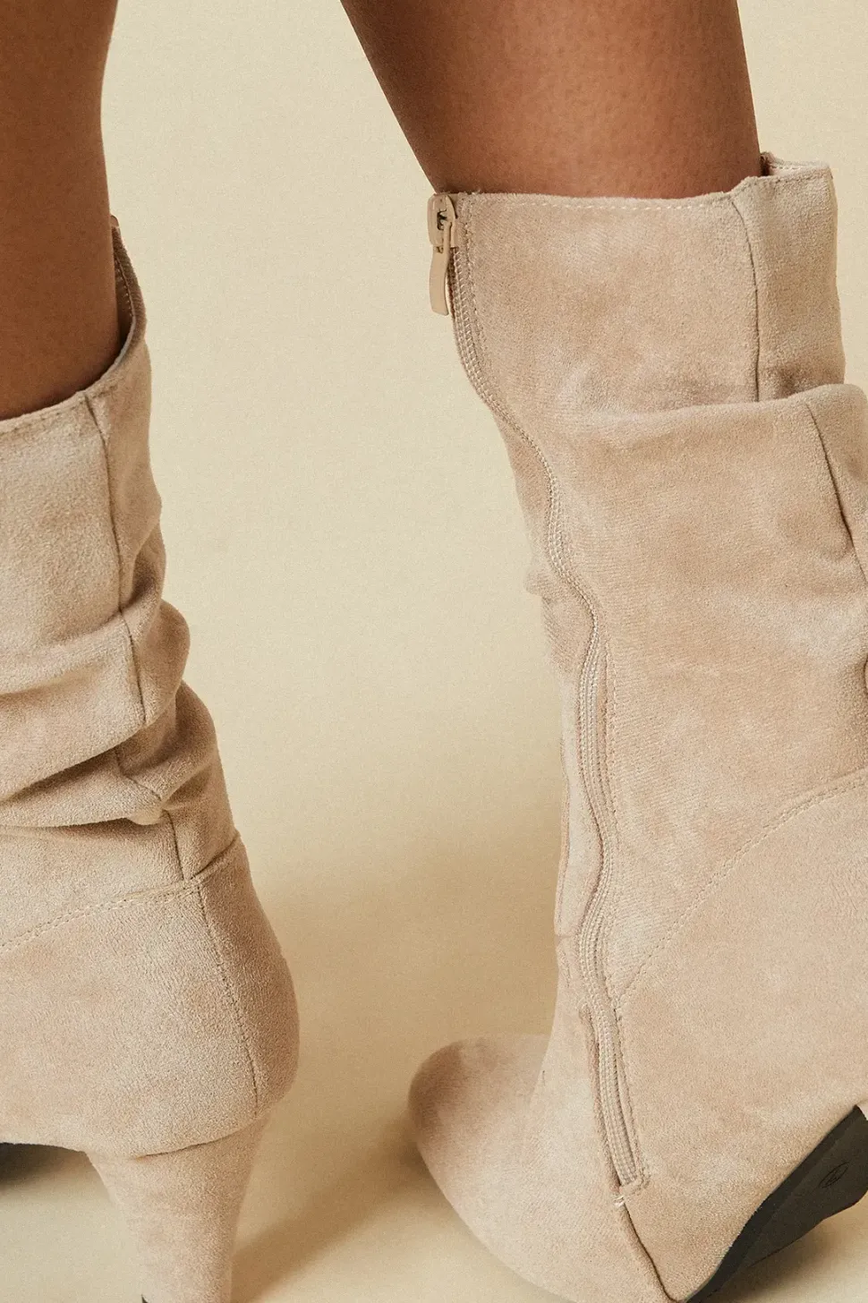 Sara Faux Ruched Detail Mid Calf High Heel Boot