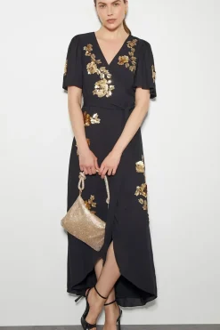 Sarah Sequin Floral Midi Wrap Dress Black