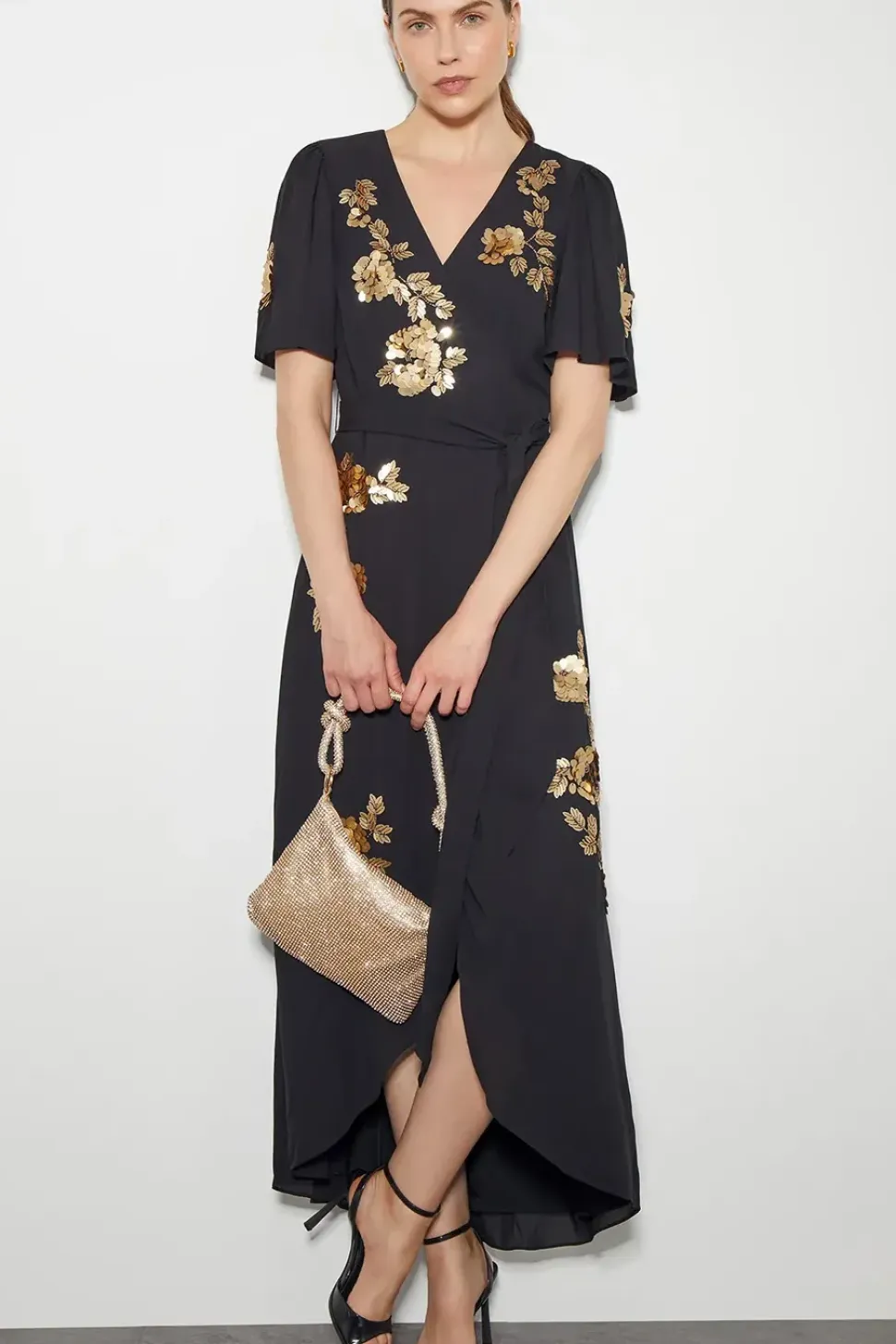 Sarah Sequin Floral Midi Wrap Dress Black