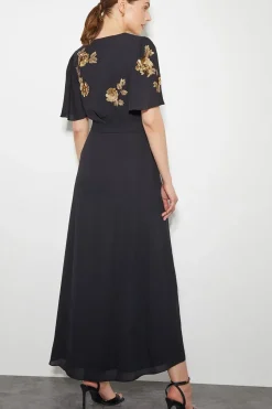 Sarah Sequin Floral Midi Wrap Dress Black