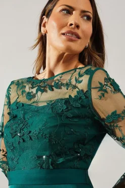 Satin And Mesh Overlay Fit And Flare Dress