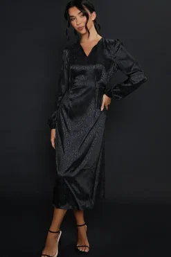 Satin Animal Jacquard Keyhole Long Sleeve Mini Dress