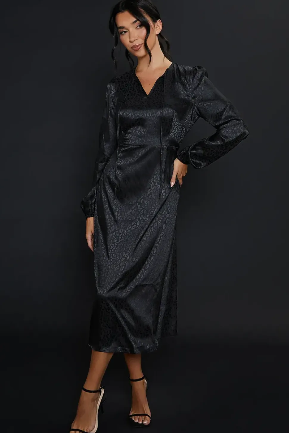 Satin Animal Jacquard Keyhole Long Sleeve Mini Dress