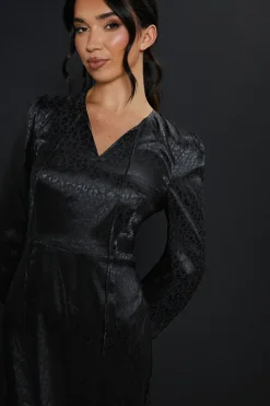 Satin Animal Jacquard Keyhole Long Sleeve Mini Dress