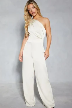 Satin Asymmetric Draped Neckline Wide Leg Jumpsuit