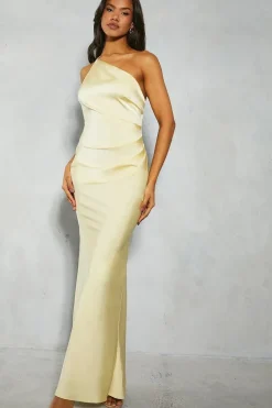 Satin Asymmetric Strap Pleated Waist Low Back Maxi Dress