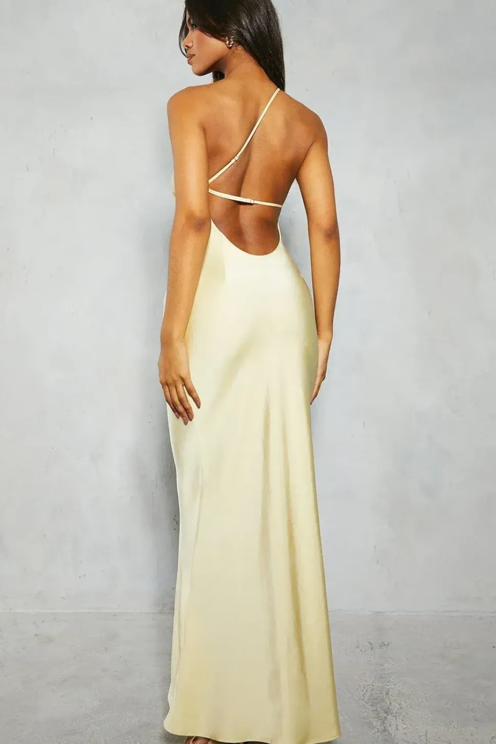 Satin Asymmetric Strap Pleated Waist Low Back Maxi Dress