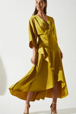 Satin Back Crepe Ruffle Wrap Midi Dress