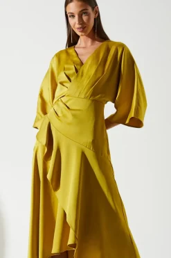 Satin Back Crepe Ruffle Wrap Midi Dress