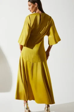 Satin Back Crepe Ruffle Wrap Midi Dress