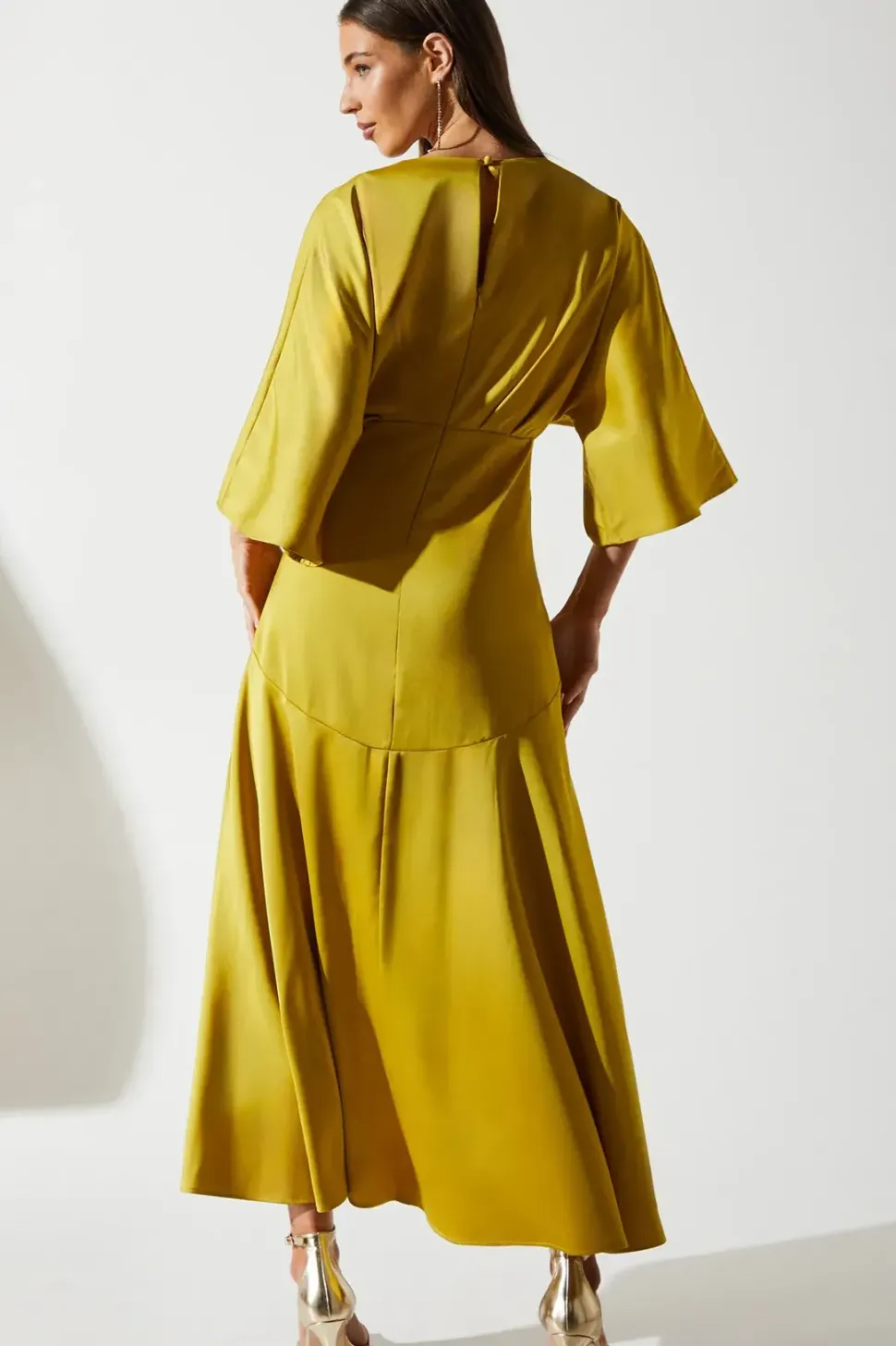 Satin Back Crepe Ruffle Wrap Midi Dress