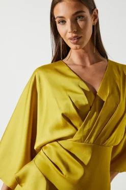 Satin Back Crepe Ruffle Wrap Midi Dress