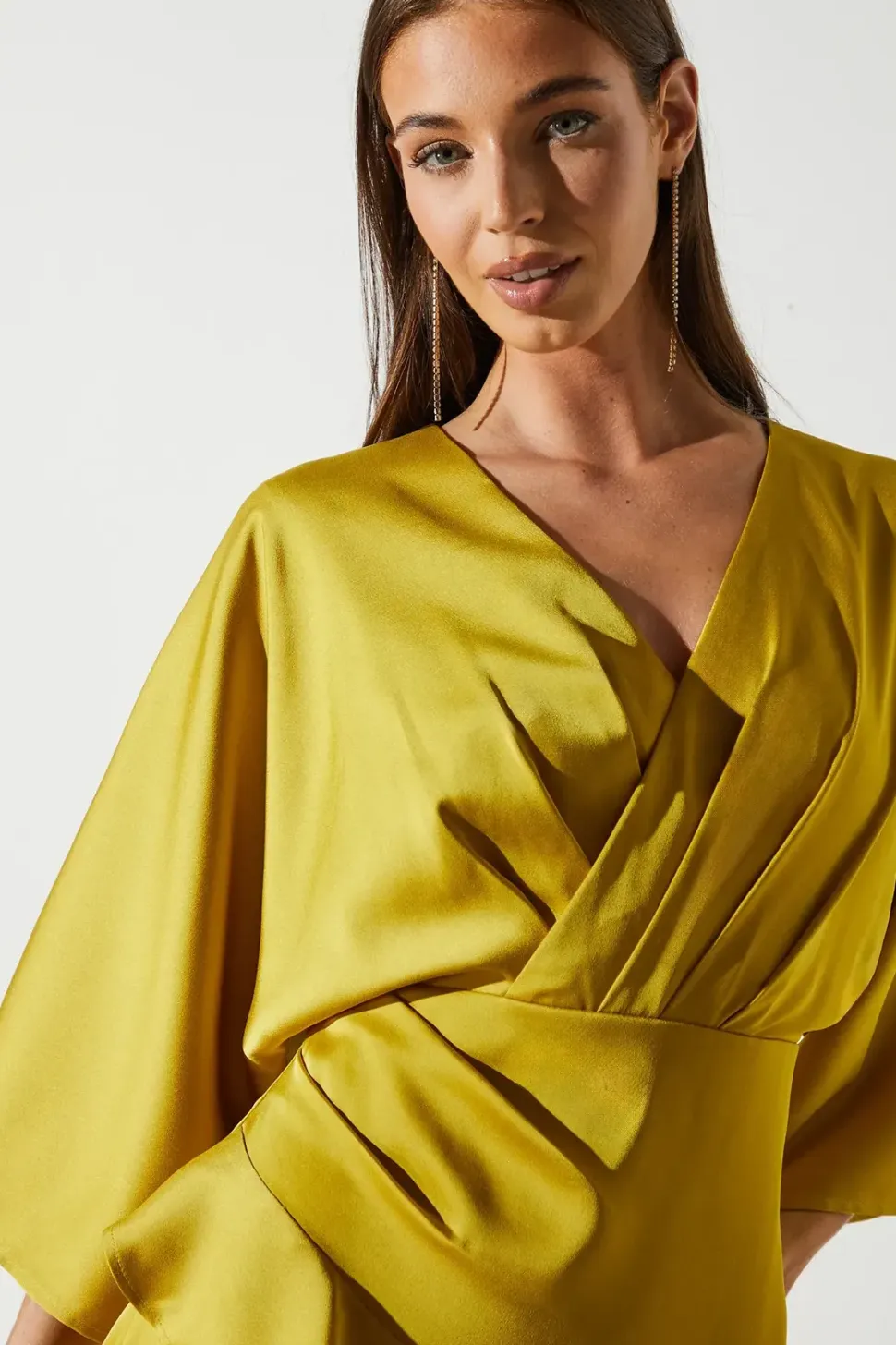 Satin Back Crepe Ruffle Wrap Midi Dress