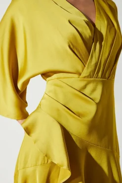 Satin Back Crepe Ruffle Wrap Midi Dress