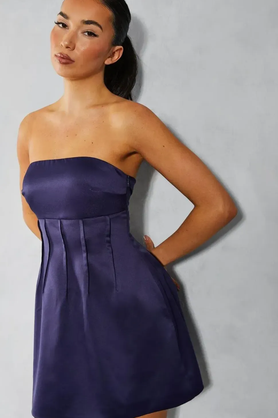 Satin Bandeau Pintuck Detail A-line Mini Dress