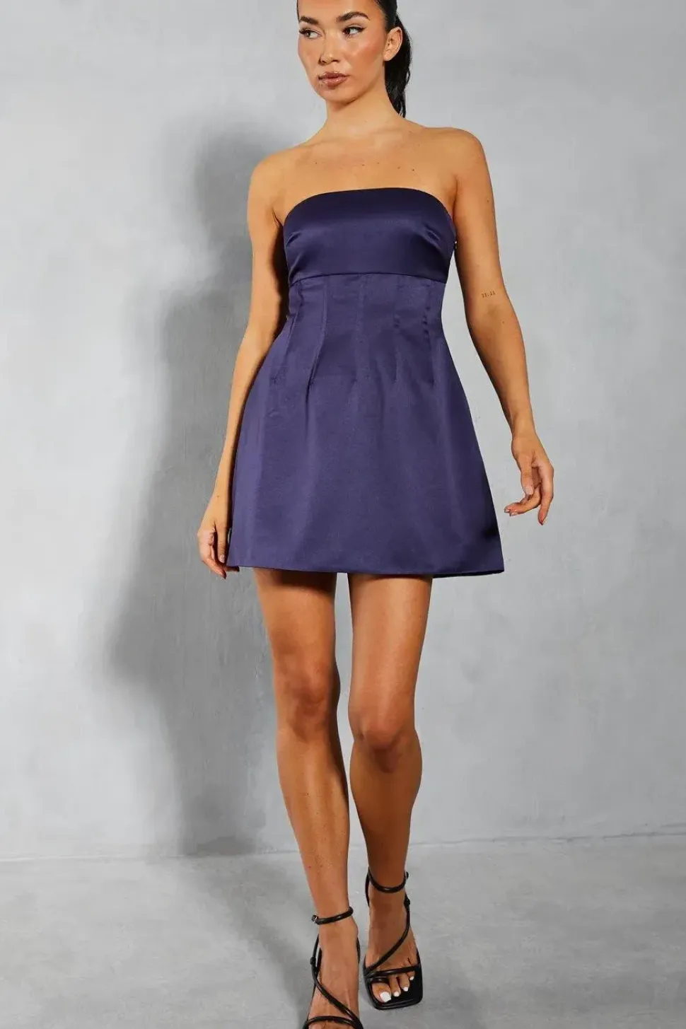Satin Bandeau Pintuck Detail A-line Mini Dress