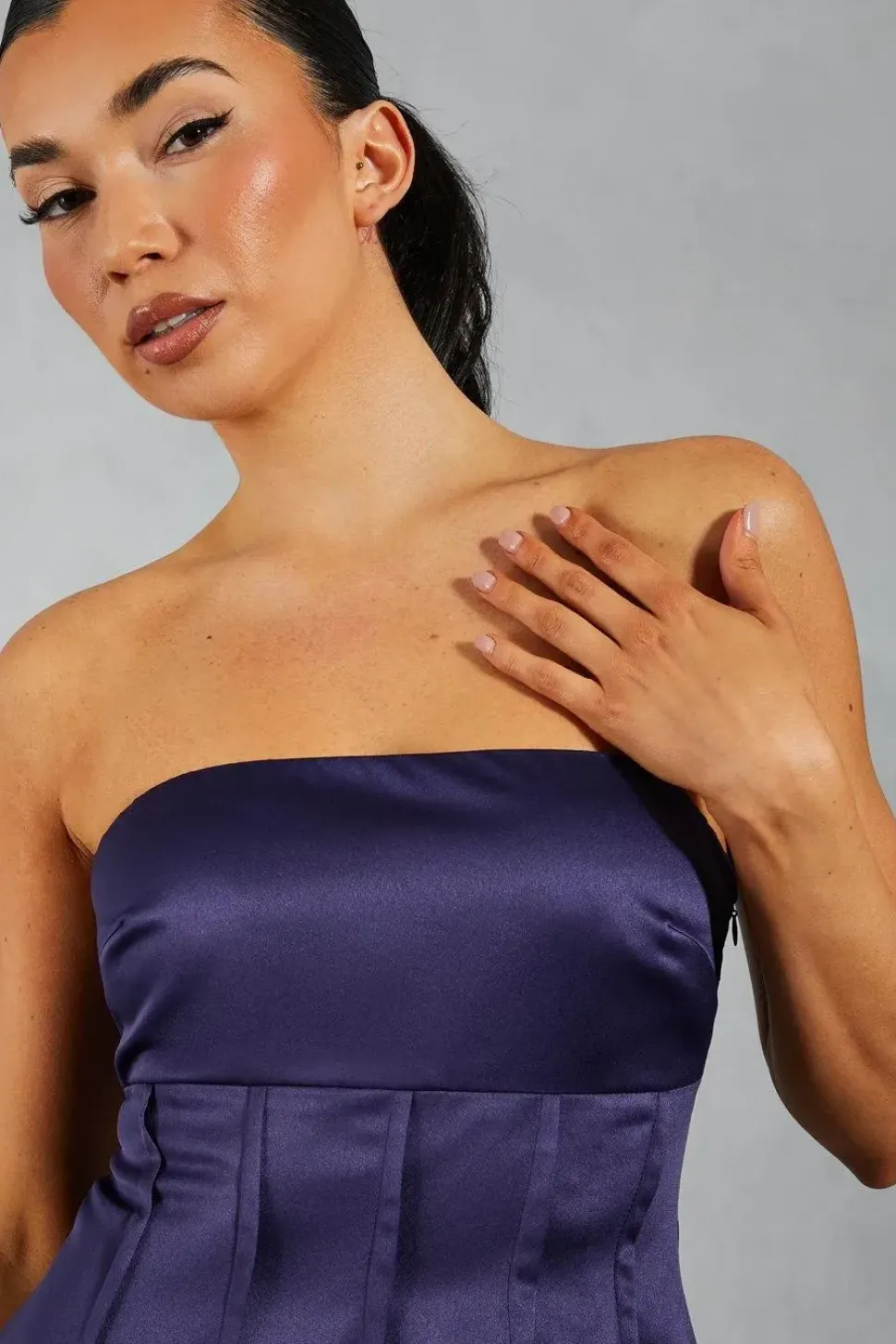 Satin Bandeau Pintuck Detail A-line Mini Dress