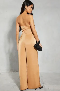 Satin Bandeau Ruched Bust Straight Leg Jumpsuit