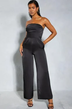 Satin Bandeau Ruched Bust Straight Leg Jumpsuit