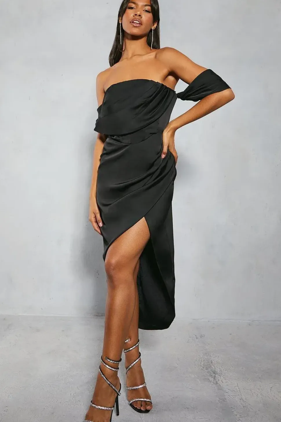 Satin Bardot Draped Corset Wrap Midi Dress