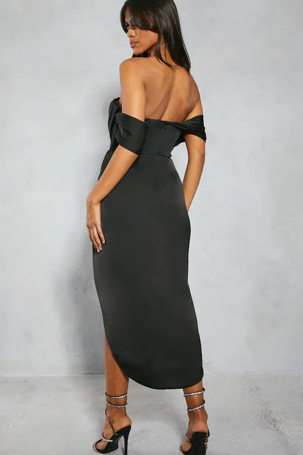 Satin Bardot Draped Corset Wrap Midi Dress