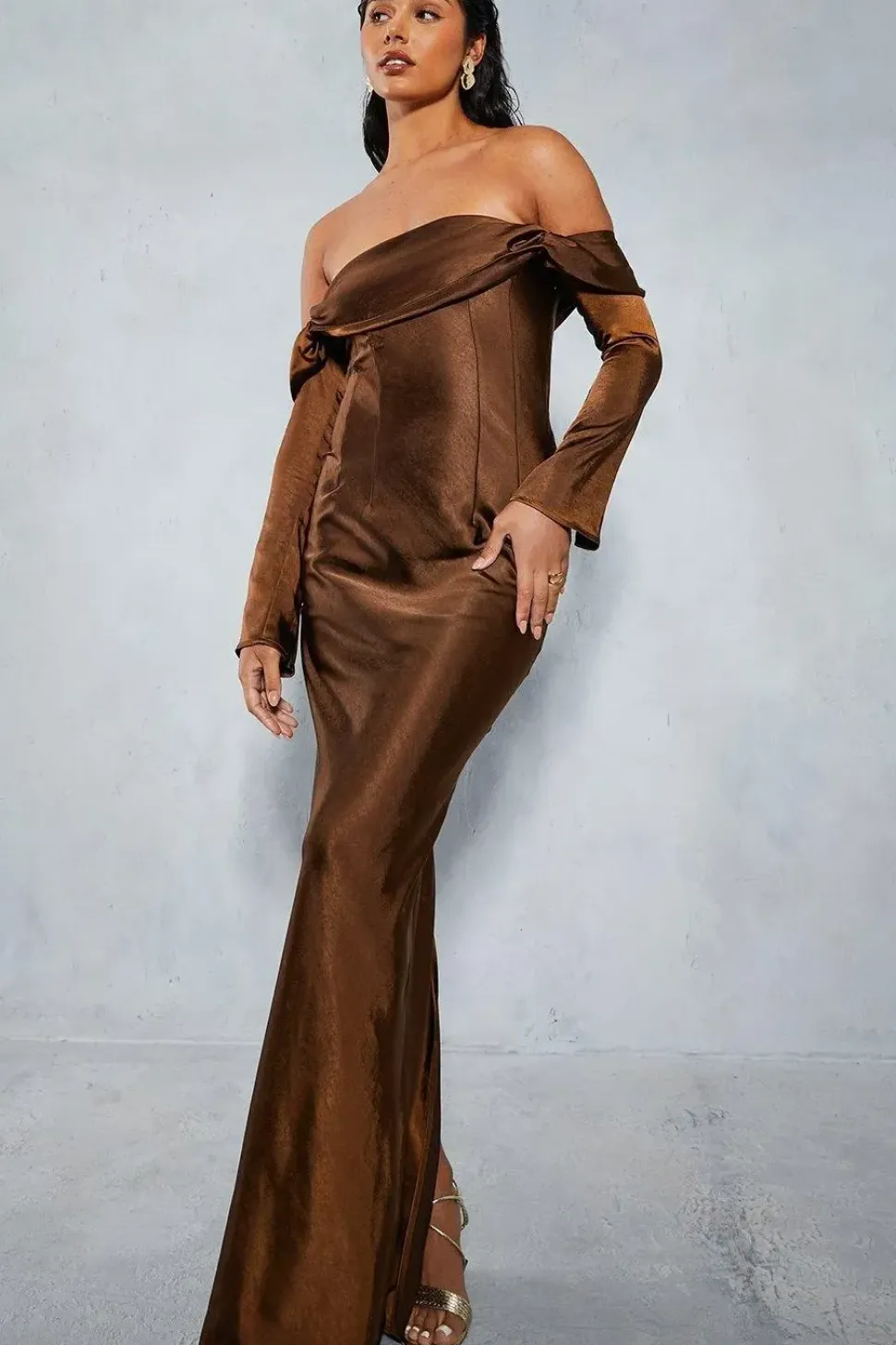 Satin Bardot Flared Sleeve Maxi Dress