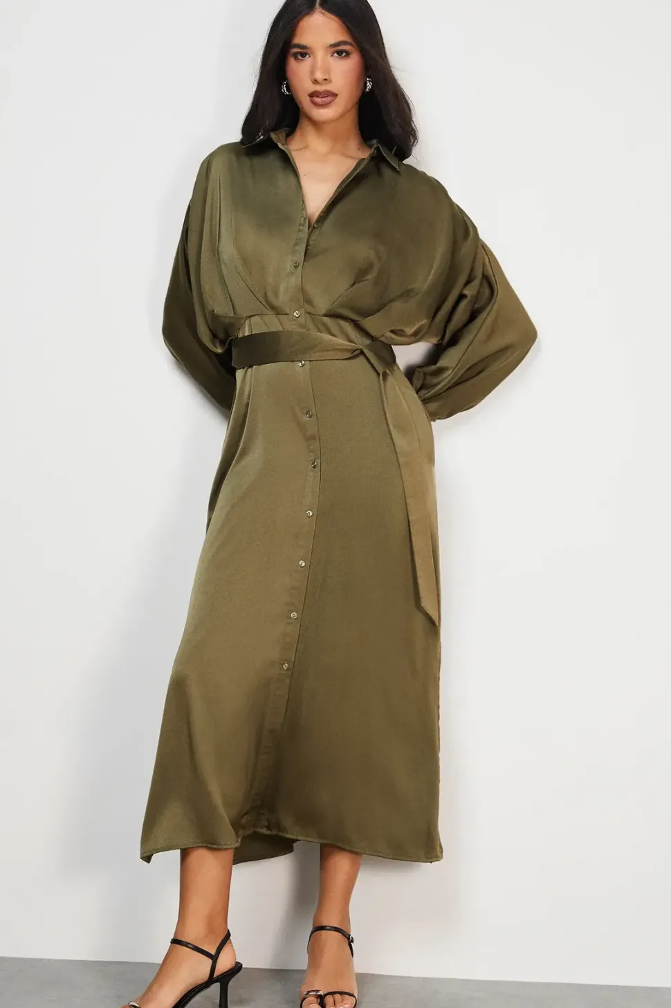 Satin Batwing Split Side Midi Shirt Dress