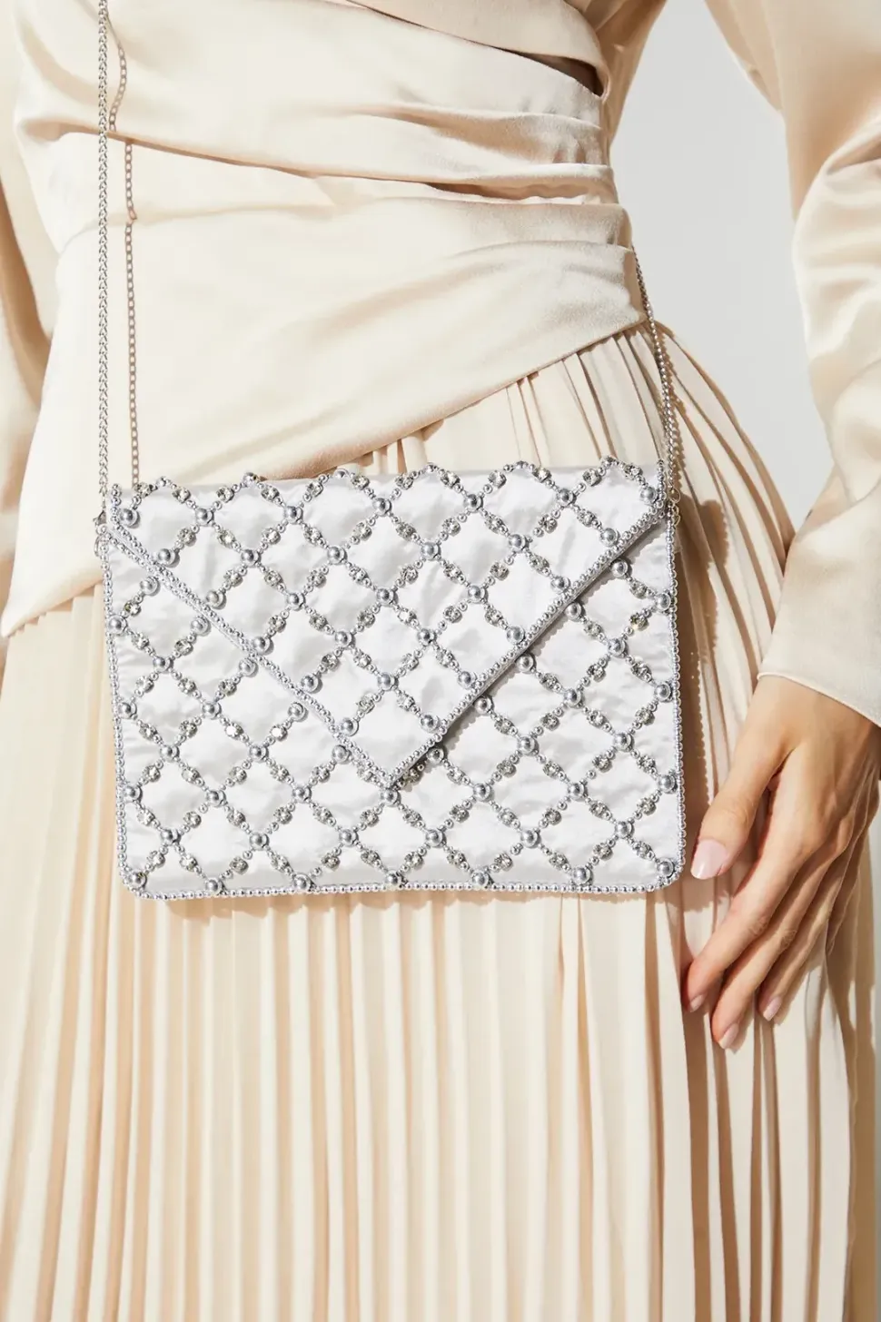 Satin Beaded Envelope Clutch Bag With Shoulder Strap