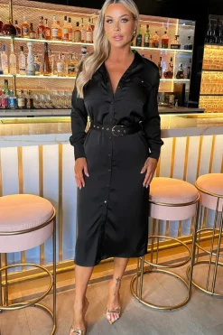 Satin Belted 3/4 Sleeve Gold Buttoned Midi Shirt Dress