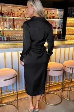 Satin Belted 3/4 Sleeve Gold Buttoned Midi Shirt Dress