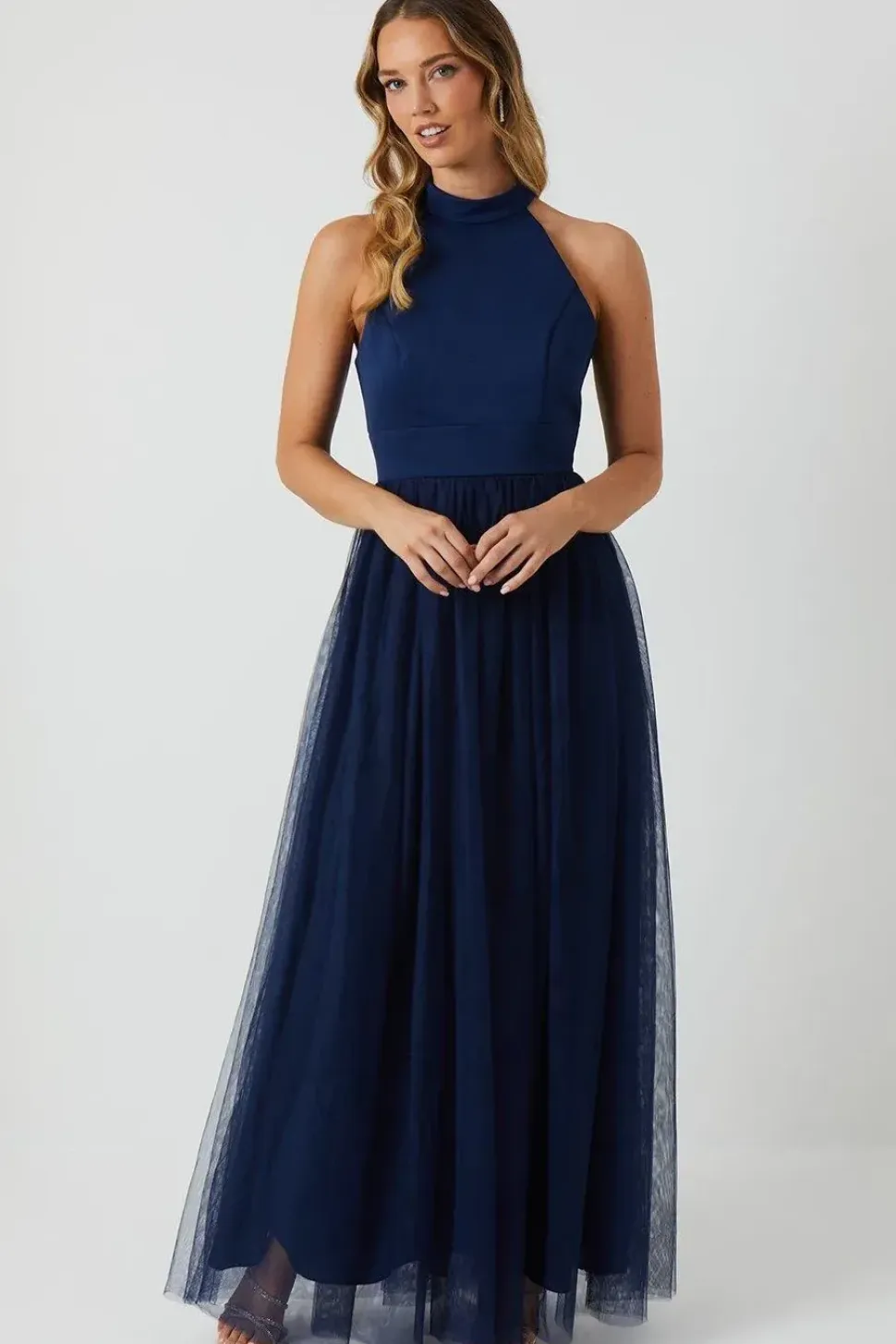 Satin Bodice Tulle Skirt Maxi Bridesmaid Dress