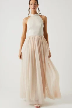Satin Bodice Tulle Skirt Maxi Bridesmaid Dress