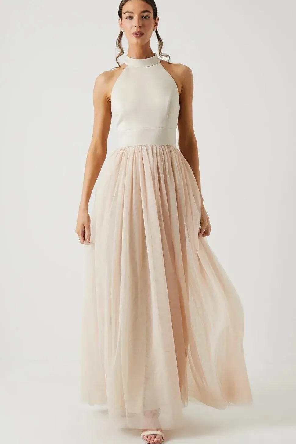 Satin Bodice Tulle Skirt Maxi Bridesmaid Dress