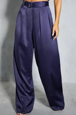 Satin Buckle Pleated Wide Leg Trousers