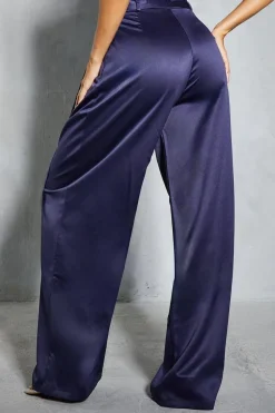 Satin Buckle Pleated Wide Leg Trousers