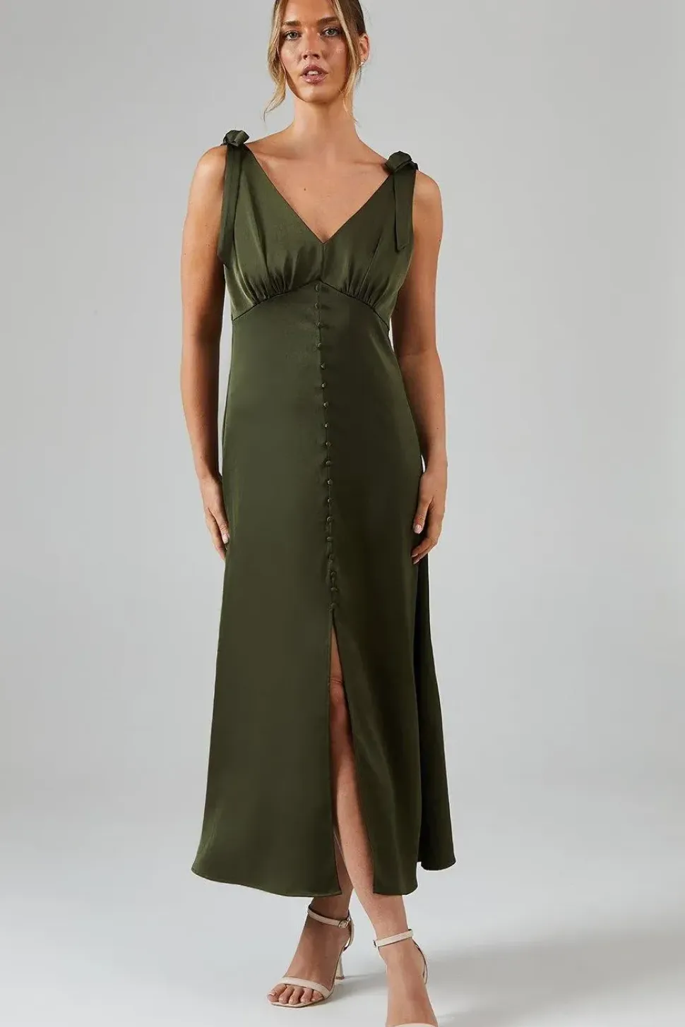 Satin Button Front Tie Shoulder Midi Bridesmaids Dress