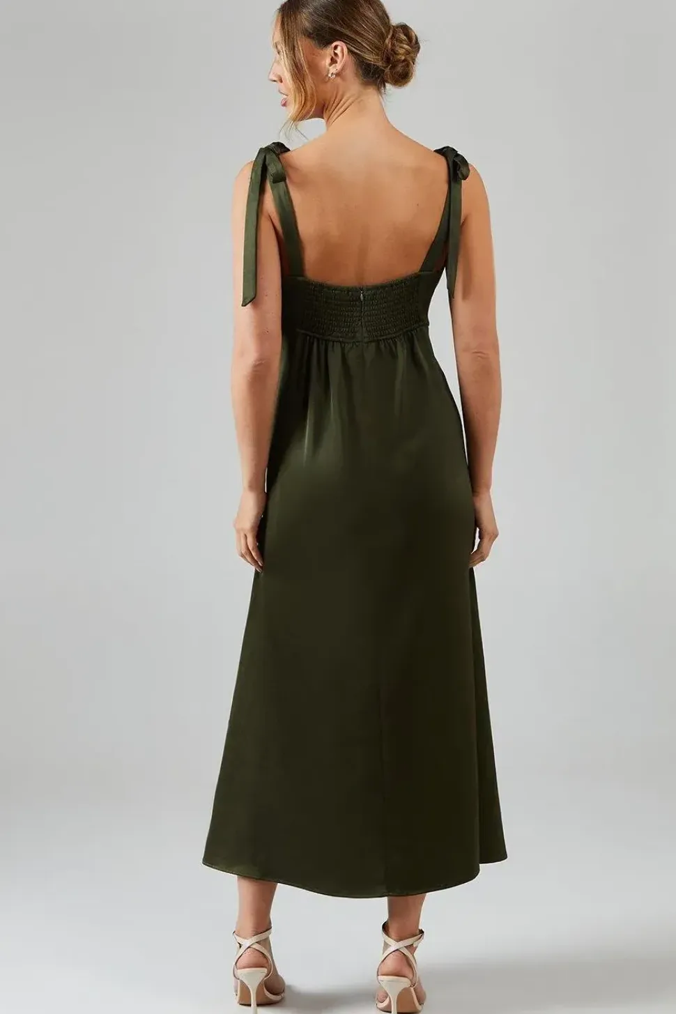 Satin Button Front Tie Shoulder Midi Bridesmaids Dress