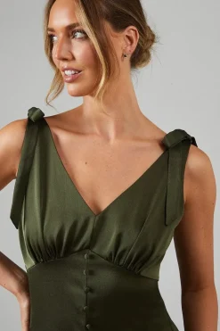 Satin Button Front Tie Shoulder Midi Bridesmaids Dress