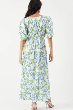 Satin Button Through Volume Sleeve Midi Tea Dress