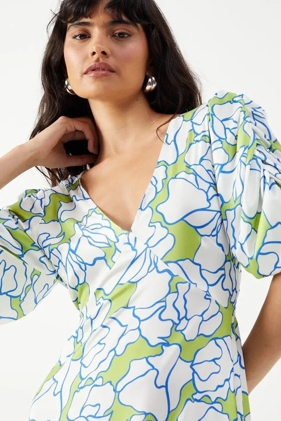Satin Button Through Volume Sleeve Midi Tea Dress