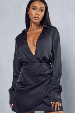 Satin Collared Wrap Mini Dress