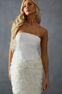 Satin Corseted Bandeau Floral Applique Skirt Mini Dress