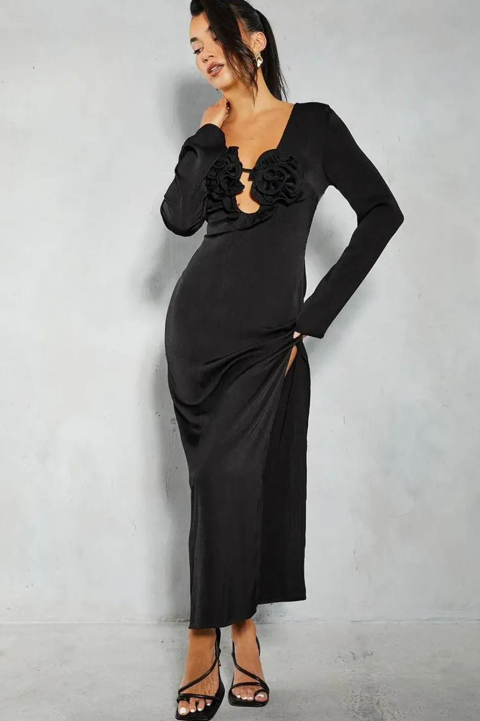 Satin Crinkle Sheer Floral Applique Plunge Maxi Dress
