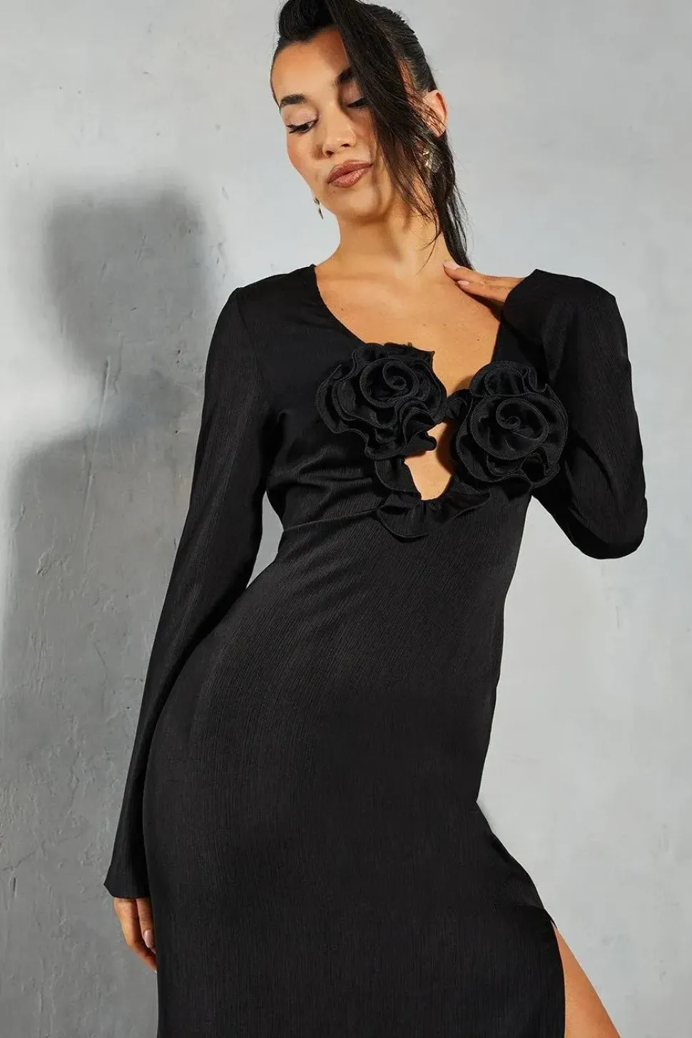 Satin Crinkle Sheer Floral Applique Plunge Maxi Dress