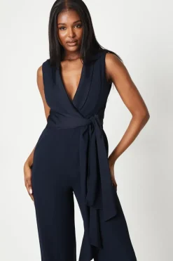 Satin Detail Wrap Bodice Tuxedo Jumpsuit