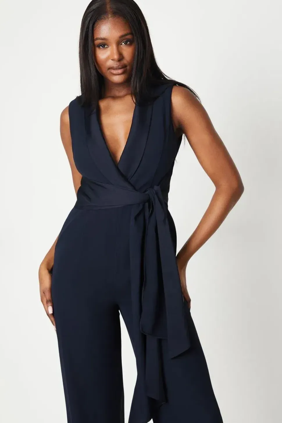 Satin Detail Wrap Bodice Tuxedo Jumpsuit