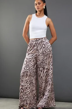 Satin Drawstring Waist Wide Leg Trouser