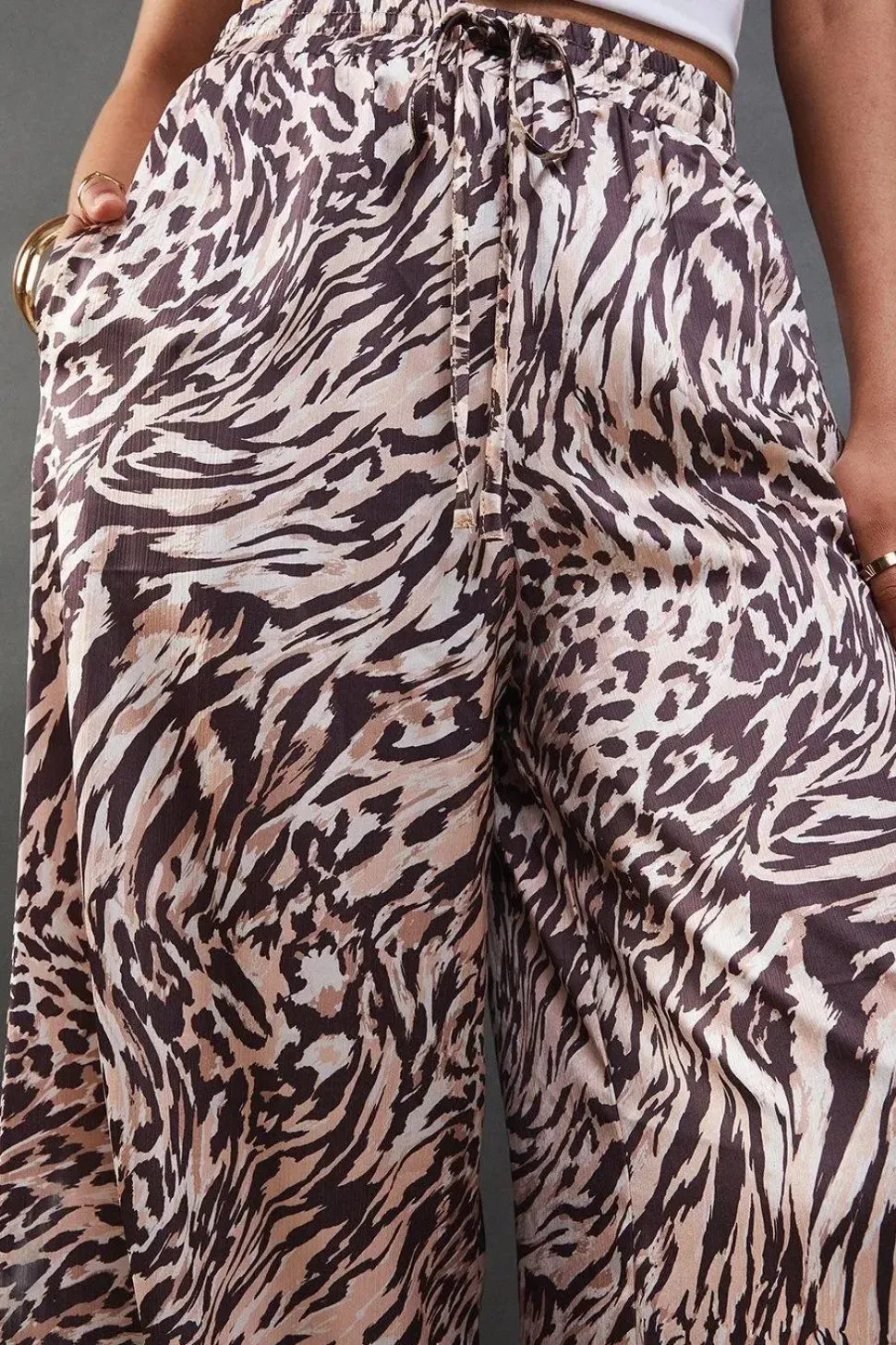 Satin Drawstring Waist Wide Leg Trouser