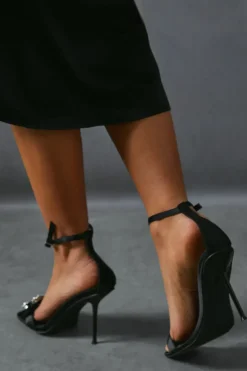 Satin Embellished Buckle Square Toe Heels