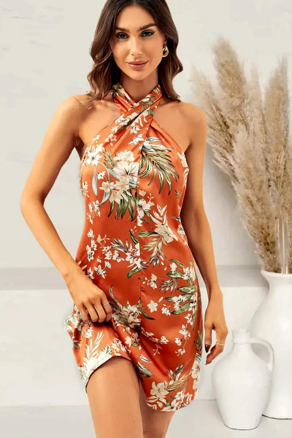 Satin Floral Print Halter Neck Mini Dress In Orange